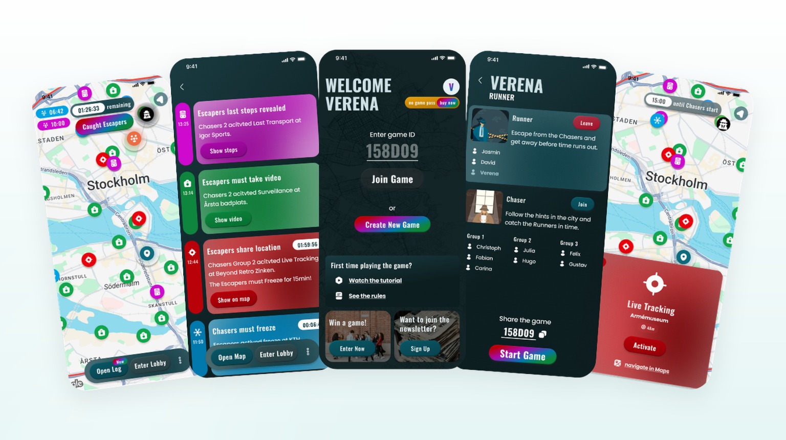 Five mobile screens from The Chase: a city map with player markers, a live game log, the welcome and join-game screen, the lobby with roles and groups, and a live tracking card