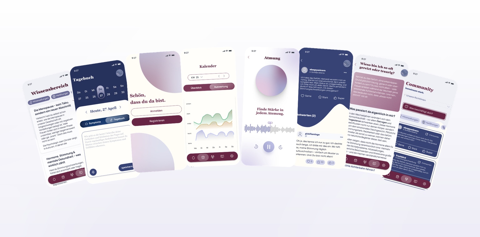 Collage of NUA app screens: onboarding, calendar tracking, insights and breathing exercises in the centre, with diary, knowledge and community screens scattered at the sides
