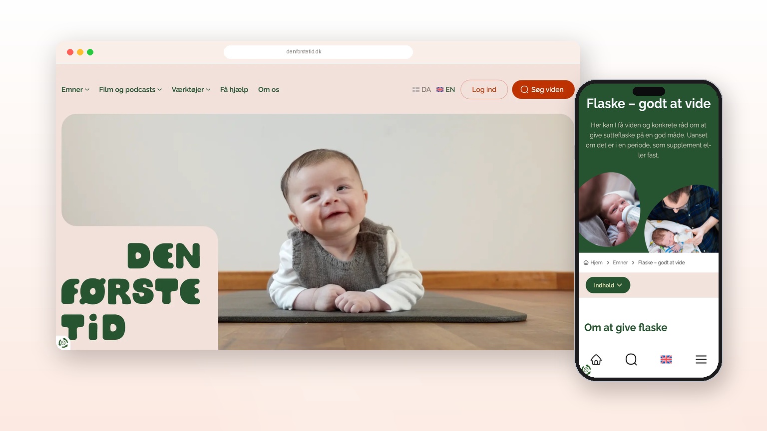 Den første tid platform shown in a desktop browser window next to a mobile view