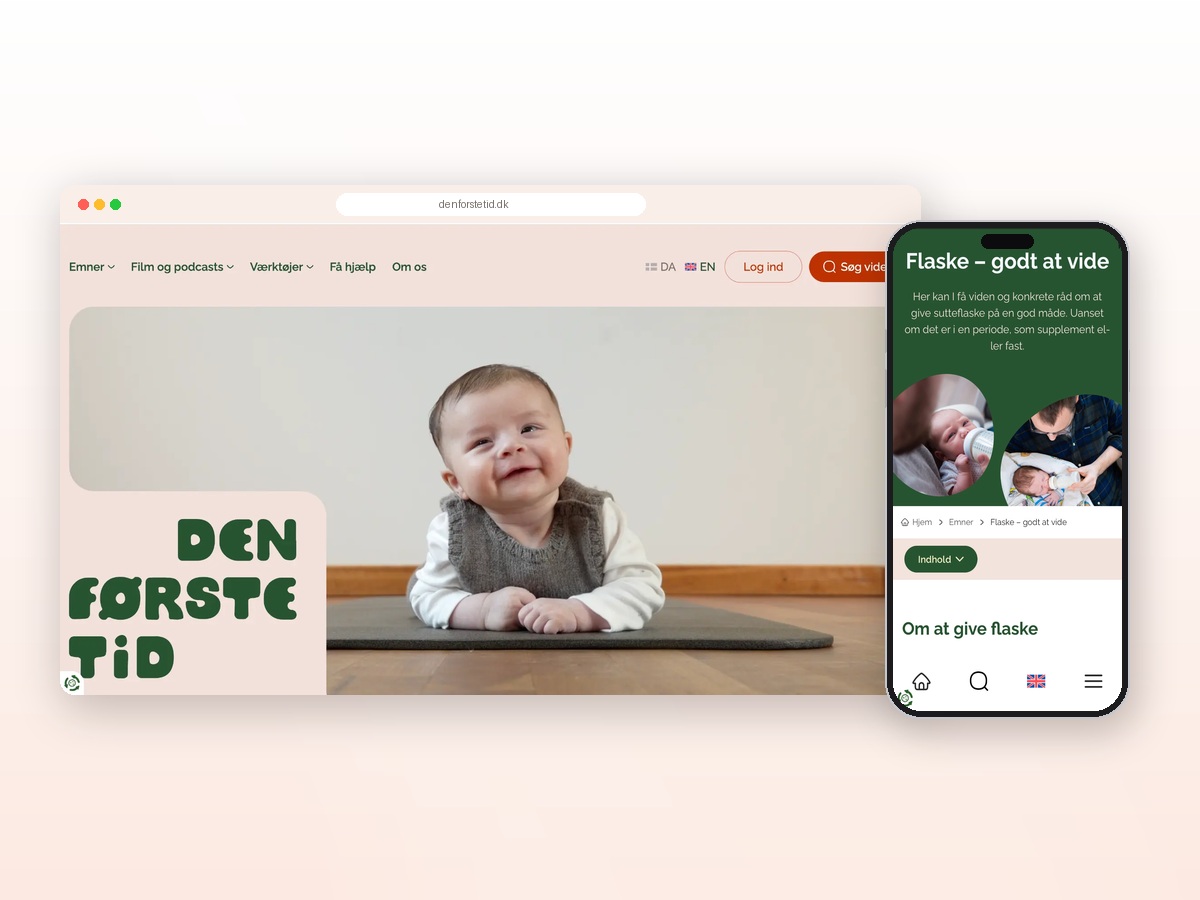 Den første tid desktop and mobile screens arranged on a rose-tinted gradient background