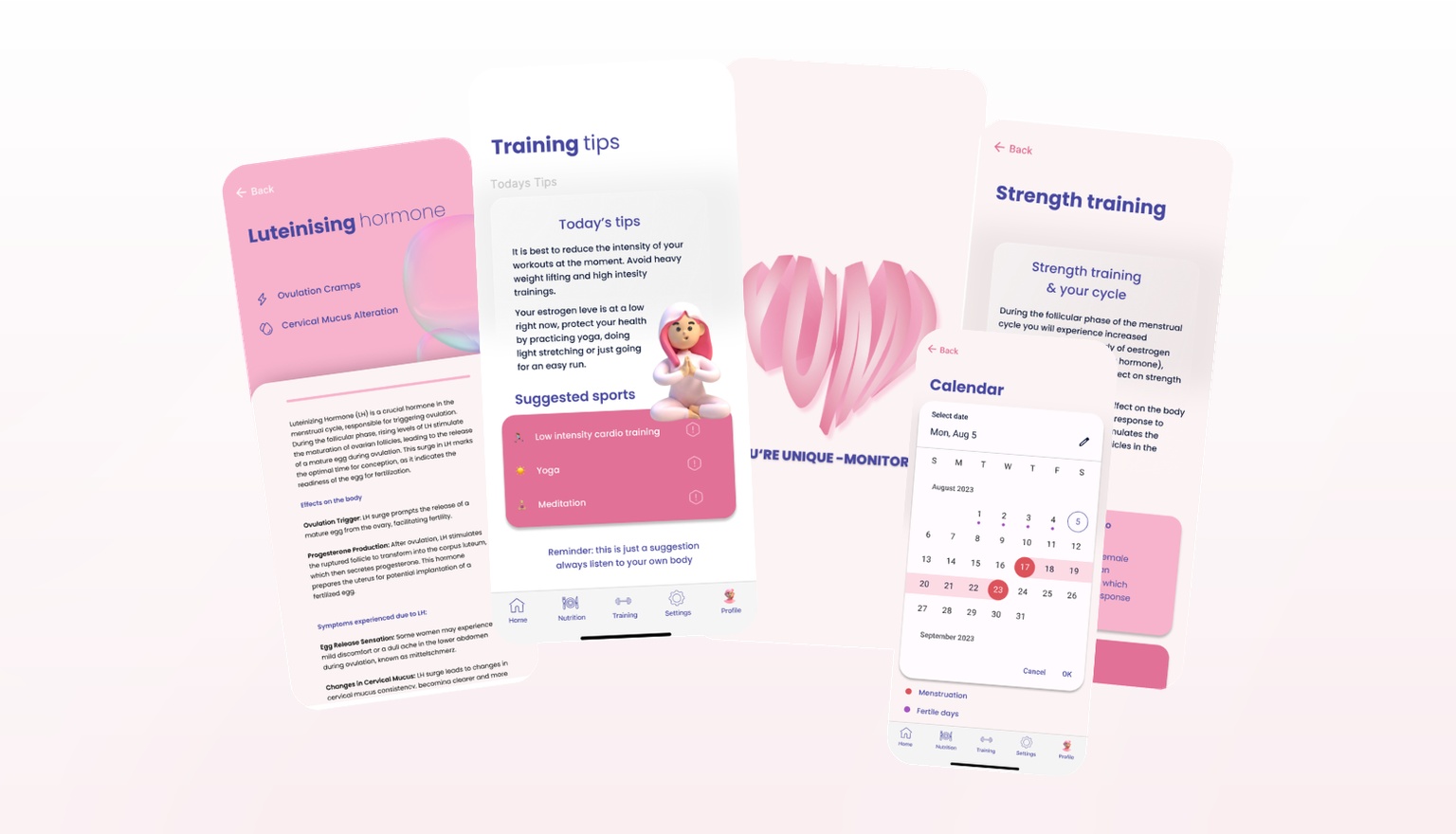 Scattered collage of YUMI app screens: start screen with heart graphic in the centre, cycle calendar and training tips beside it, with hormone details and sign-up screens around