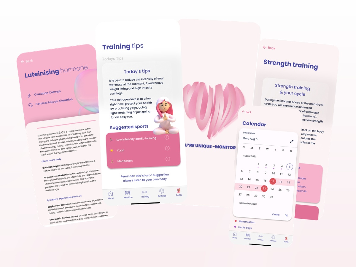 YUMI app screens arranged on a light pink gradient background